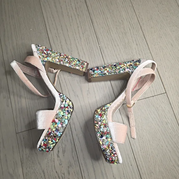 Betsey Johnson Pink Velvet Multicolor Sequin Block Heel Sandals - Picture 2 of 5